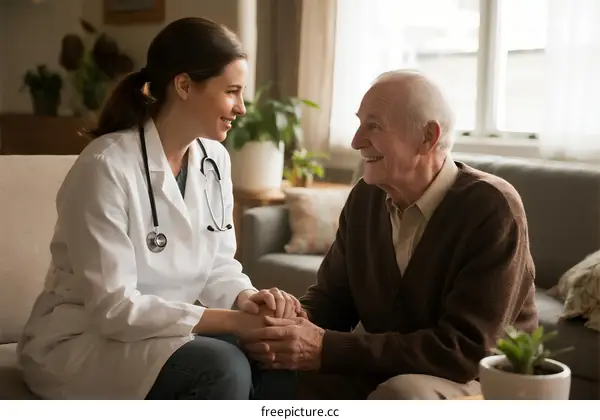 Female Doctor Talking with Elderly Male Patient at Home