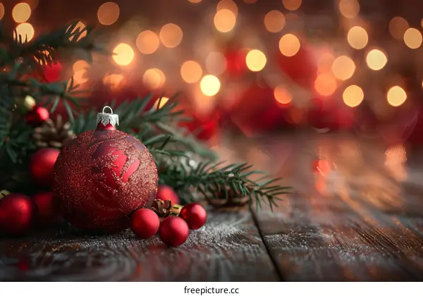 Red Christmas Ornament with Garland on Wooden Table