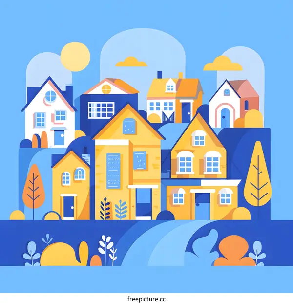 Flat Design Illustration of A Cute Little Town with Houses and Trees