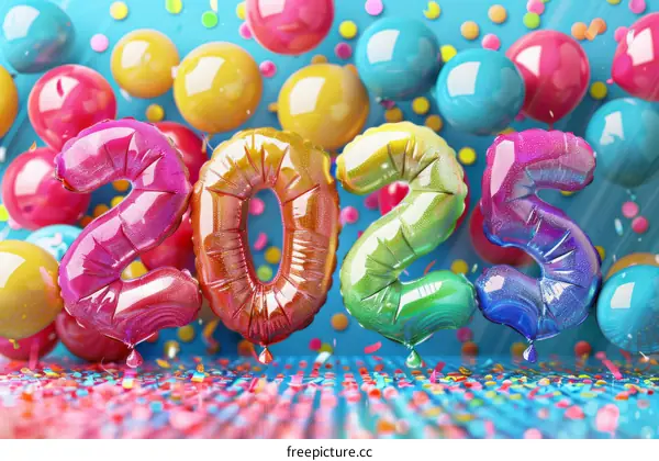 3D rendering of the year 2025 made of rainbow balloons with a blue background