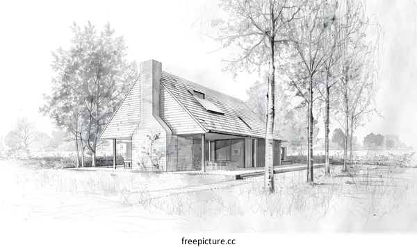 Pencil Sketch of a Modern House with a Large Yard