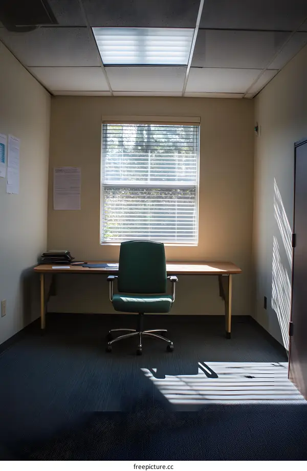 Empty Office With Green Chair And Desk Facing Window
