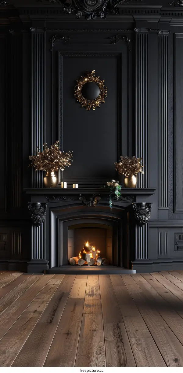 Black and Gold Fireplace Mantel with Ornate Details