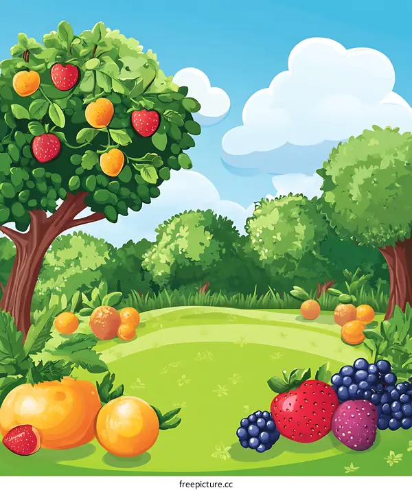 Fruit Tree and Green Grass Illustration
