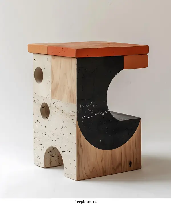 A wooden stool with a colorful top