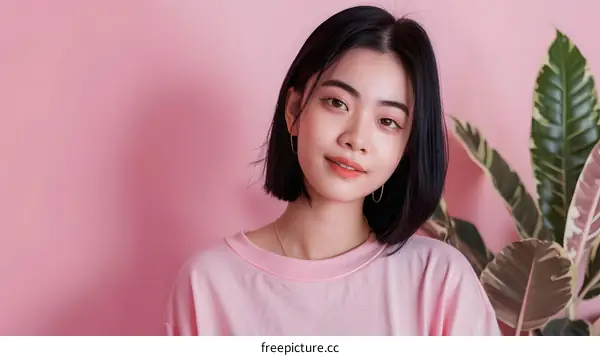 Asian Woman with Short Hair in Pink Shirt and Pink Background