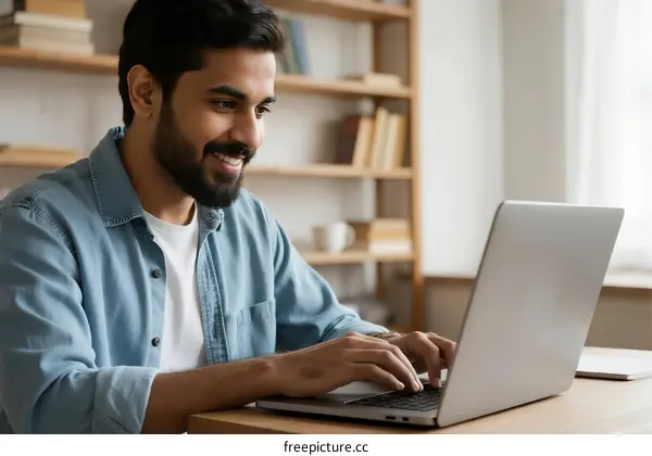 Young man working on laptop in modern office
