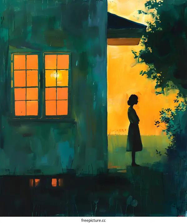 A lonely woman standing outside a house