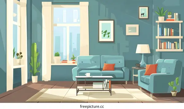 Cozy Living Room with Blue Sofa and Bookshelf