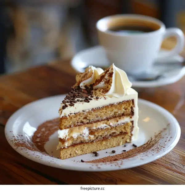 A decadent slice of cake on a white plate with a cup of coffee in the background