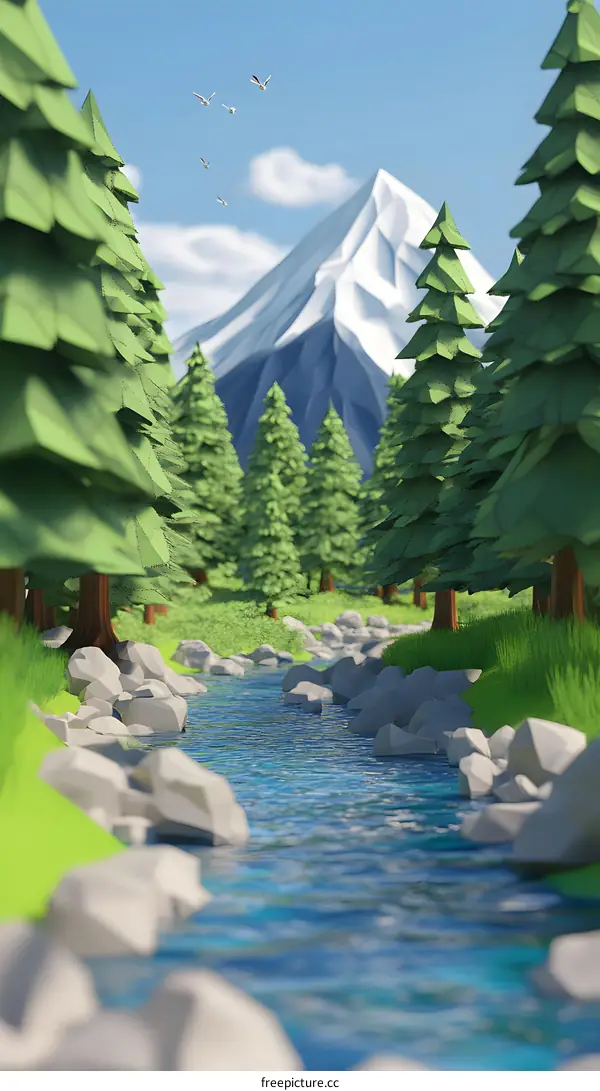 Low Poly Forest Creek with Mountain Background