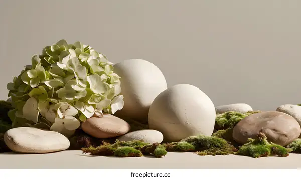 Green Hydrangea and White Eggs on Moss and Stones