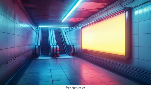 Futuristic Neon Subway Station with Escalators and Blank Billboard