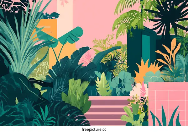 Tropical Garden with Pink Wall and Stairs