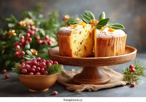 Christmas Panettone with Dried Fruits on a Wooden Stand