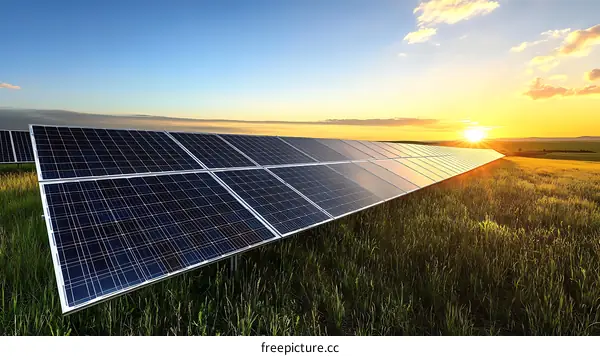 Solar Panels on a Field at Sunset
