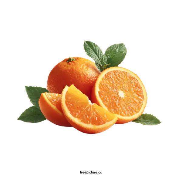 [Transparent Background PNG]Freshly Sliced Oranges with Leaves