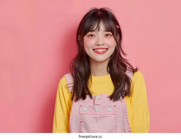 Smiling Asian Woman in Pink Overalls and Yellow T-Shirt Against Pink Background
