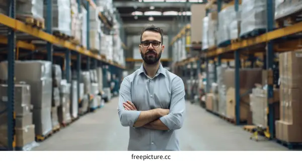 Portrait of a male warehouse worker standing with arms crossed in a large distribution center