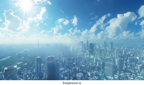 Cityscape of a Metropolis with High-Rise Buildings and Blue Skies