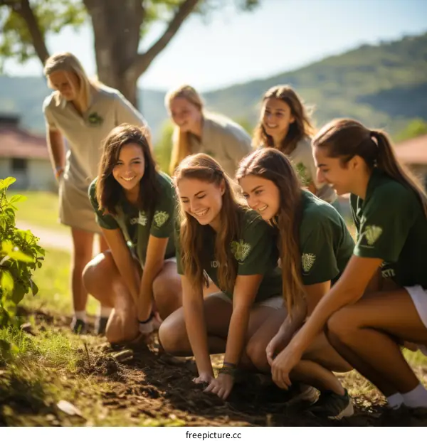Group of young female students planting in the garden