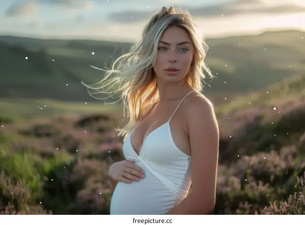 Portrait of a Pregnant Woman with Blonde Hair Wearing a White Dress in a Field of Purple Flowers
