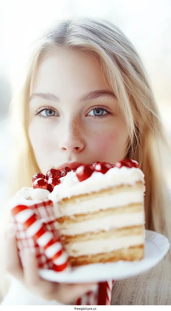 Beautiful Caucasian Girl Enjoying a Delicious Cake Slice