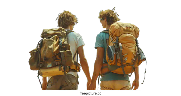 [Transparent Background PNG]Two Young Men with Backpacks Holding Hands
