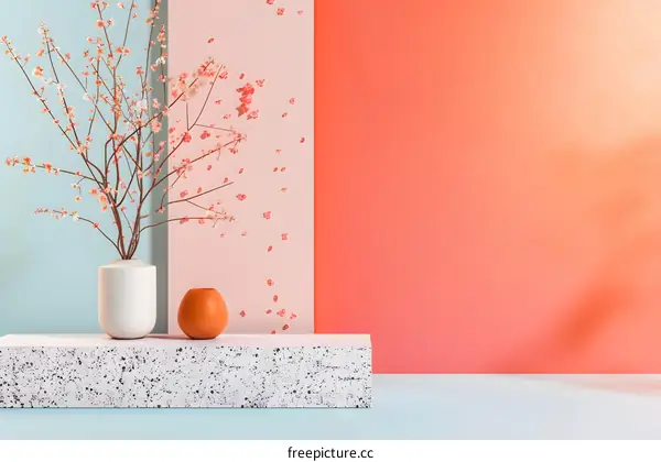 Minimalist Flower Vase with Pink Blossoms in Front of a Pastel Wall