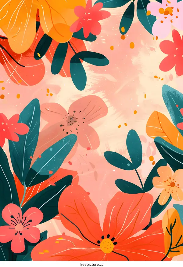 Floral Background Illustration With Pink, Orange and Green Flowers