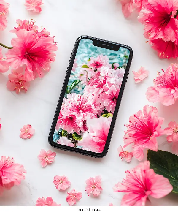 Pink Flowers on a Phone Screen