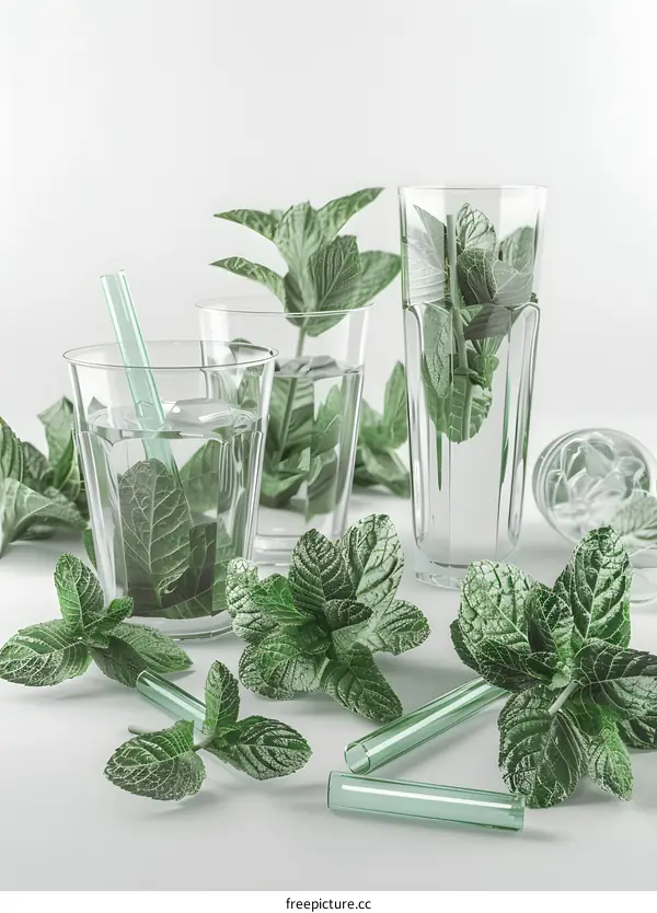 Mint Leaves in Glasses with Water and Straws on White Background