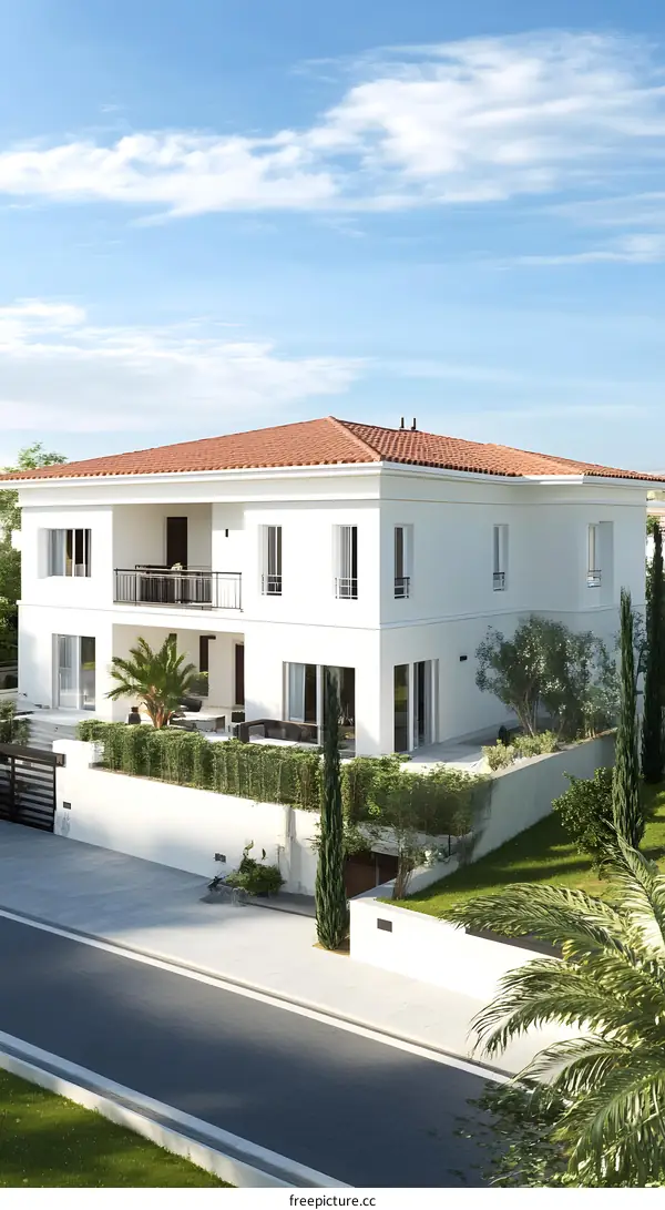 Modern White Villa with Red Roof and Green Landscaping