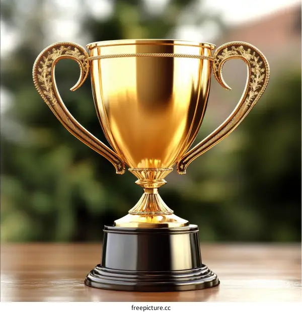 Golden Trophy on Wooden Table