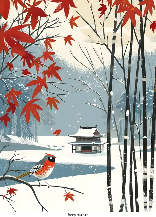 Snowy Winter Landscape with Japanese Temple and Red Bird