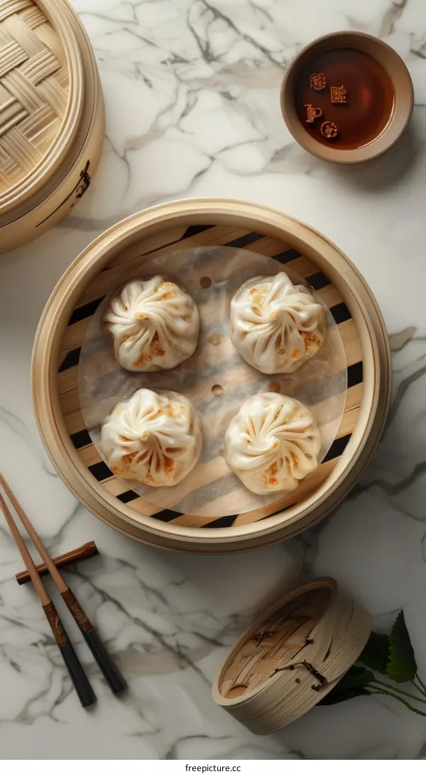 Four pork dumplings in bamboo steamer with chopsticks and tea on marble table
