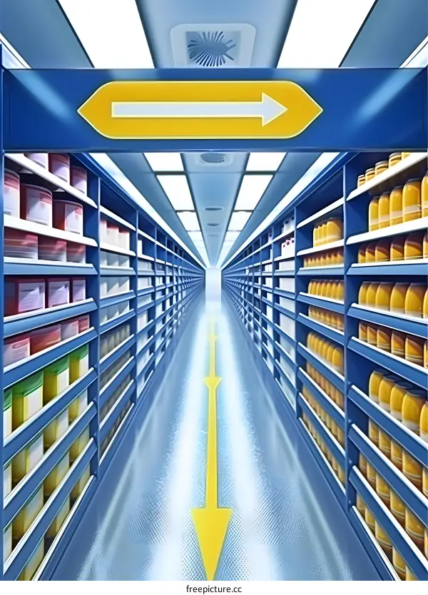 Empty Supermarket Aisle With Yellow Arrow Signs