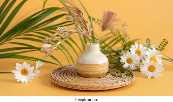 Vase with Dried Flowers and Daisies on a Yellow Background
