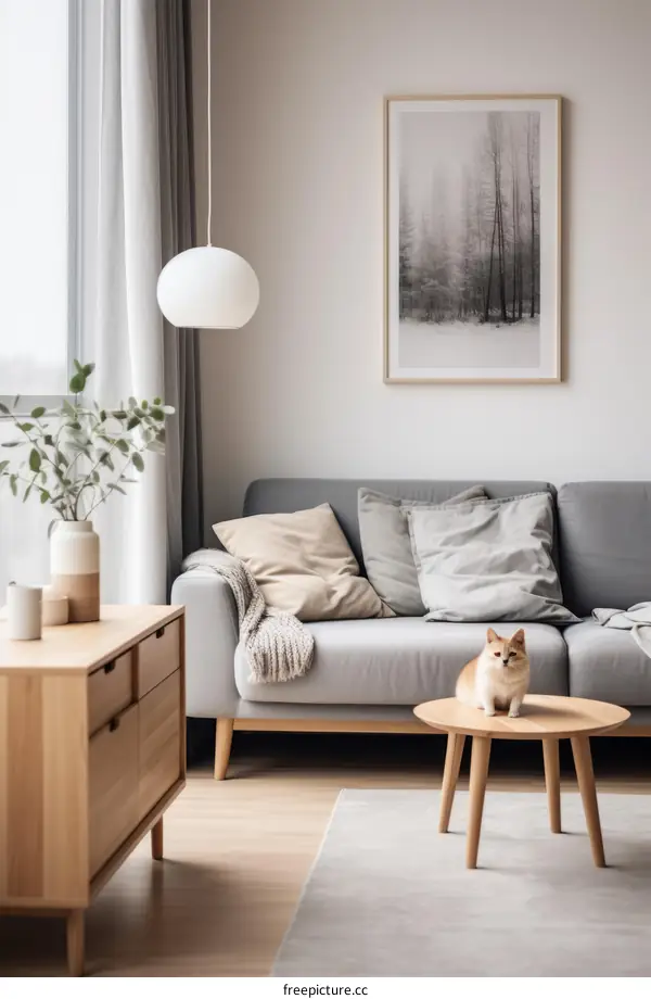 A cozy living room with a cat sitting on a table