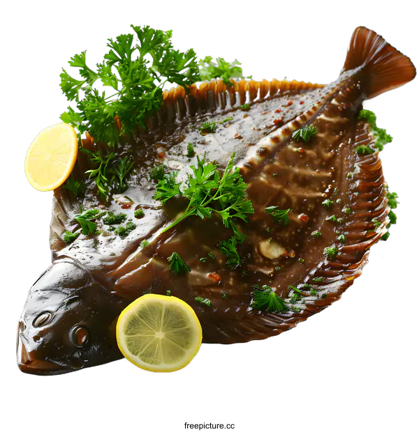 [Transparent Background PNG]Fried fish with lemon and parsley