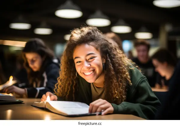 Smiling young woman reading a book in a library surrounded by other people