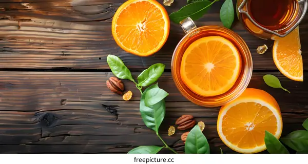 orange slices and green leaves on a wooden table