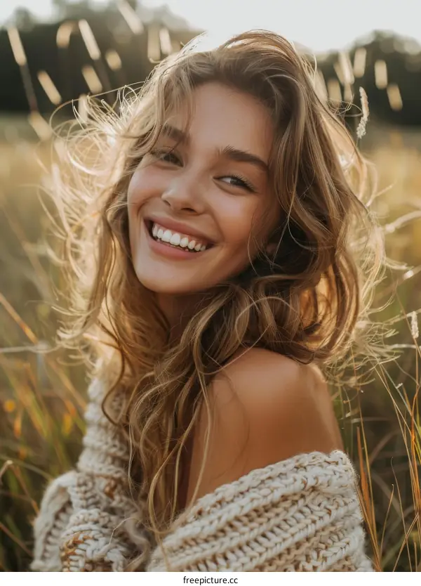 Young Woman Smiling in a Field at Sunset