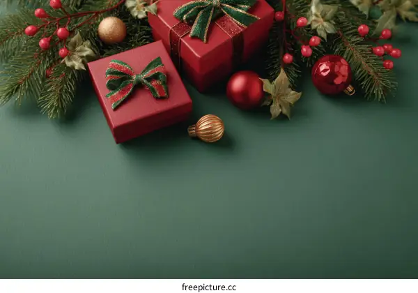 Christmas Gifts and Decorations on a Green Background