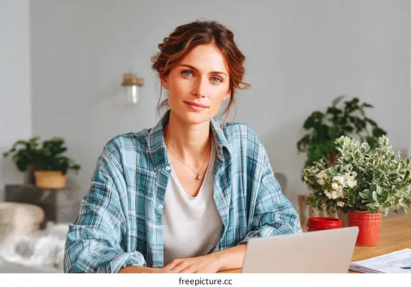 A Young Woman Working at Home with Laptop and Plants