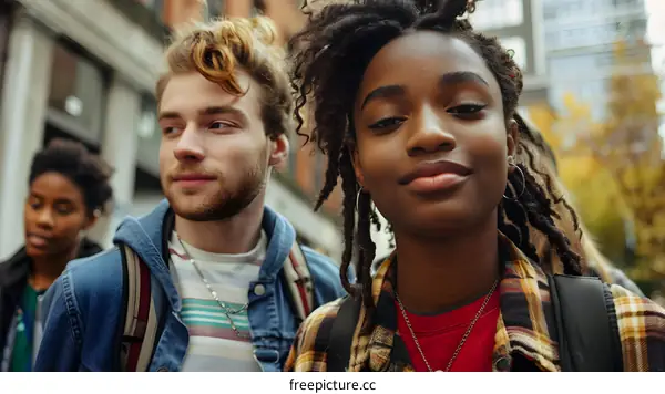 Group of friends walking down the street in the city