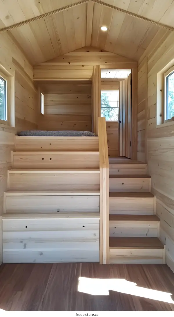 Wooden Stairs and Loft Bed In Tiny House