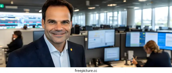 Businessman Smiling at Camera in Modern Office