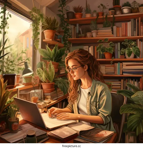 A young woman is sitting at her desk in a home office surrounded by plants and bookshelves.