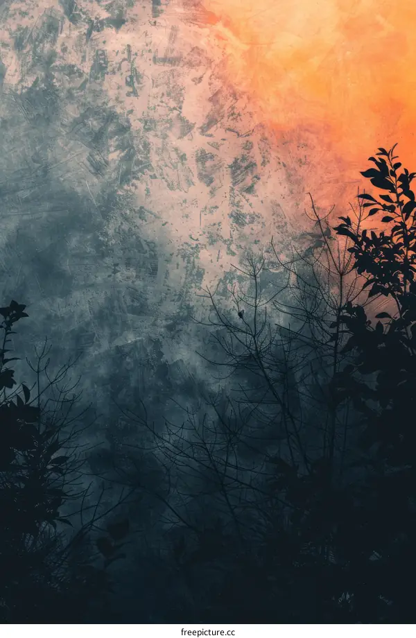 Modern Blue and Orange Geometric Abstract Painting with Tree Branches